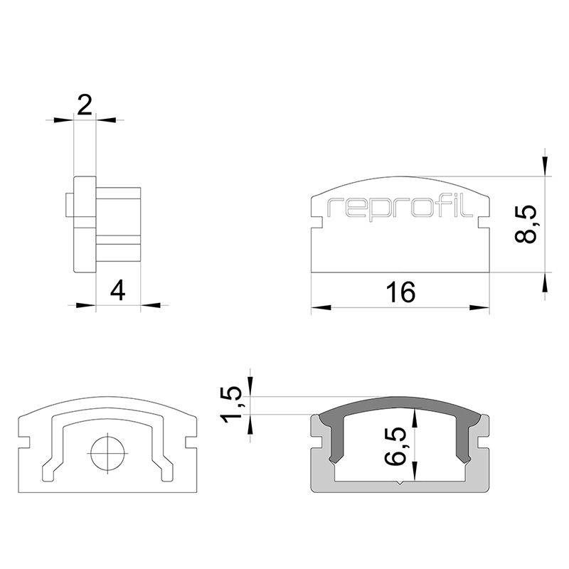 REPROFIL Endkappe F-AU-01-10 schwarz 16mm 2Stk